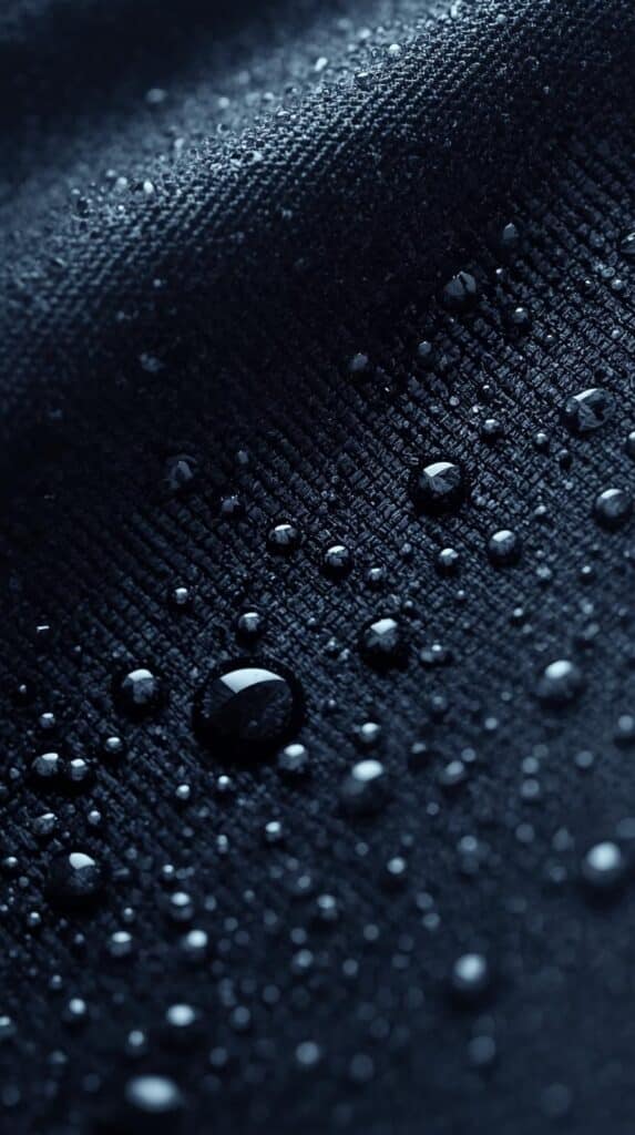 Close-up of high-performance waterproof fabric texture showing water beading capability