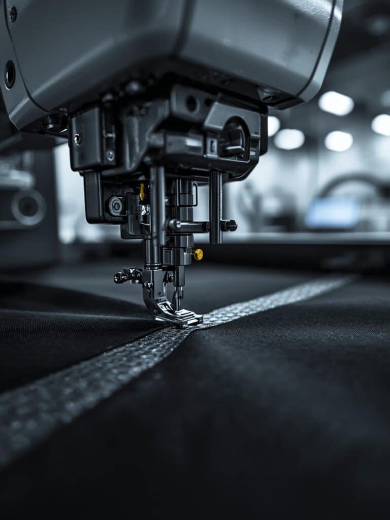 Close-up of industrial sewing machine stitching durable seams on black technical fabric for garment manufacturing.